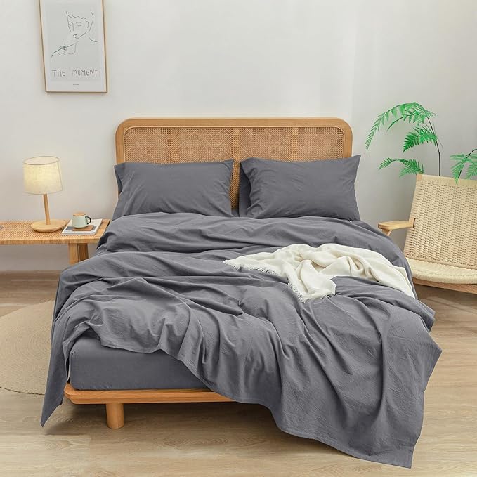BESTOUCH Sheet Set 100% Washed Cotton Linen Feel Super Soft Comfortable Chic Lightweight 4 Pcs Home Bedding Set Solid Quiet Shade Grey Queen