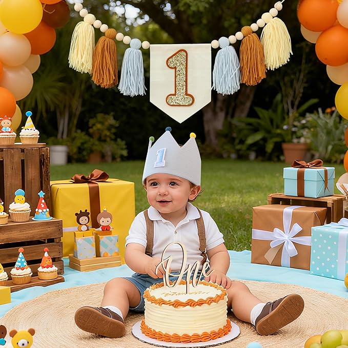 Baby 1st Birthday Party Decorations For Handmade Blue Tassel Garland Highchair Banner With Cake Topper Crown Hat