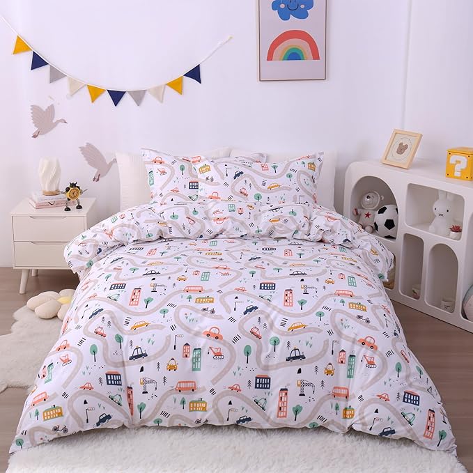 JSD Cars Kids Duvet Cover Set Full Size, 3 Piece Soft Printed Microfiber Comforter Cover with Pillow Sham Zipper Closure, Comforter Not Included