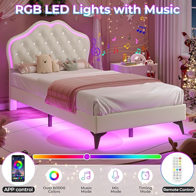 BTHFST Twin Size Upholstered Bed Frame with LED Lights, Adjustable Headboard with Crystal Button, Princess Platform Bed for Girls, Solid Wood Slats Support, No Box Spring Needed, Beige