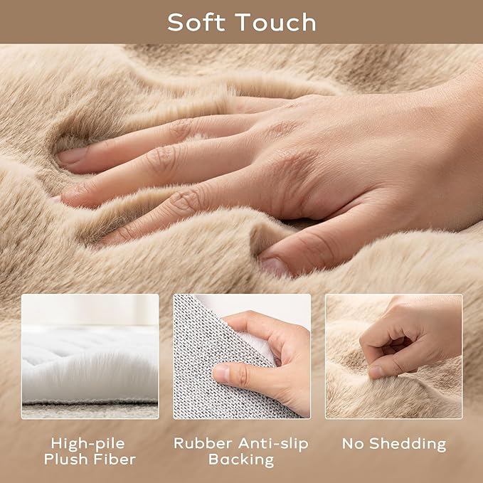 Ashler Faux Rabbit Fur Area Rug, Beige 3x5 FT Fluffy Soft, Rectangle Fuzzy Carpet for Living Room, Bedroom, Machine Washable Shaggy Nursery Rug - 3D Bubble Rug