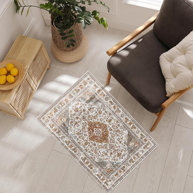 Vhong Boho Area Rugs Washable Vintage Modern Neutral Small Carpet Brown and Grey 2×3 Doormat High Traffic Rugs for Bathroom Kitchen Entryway Non Slip
