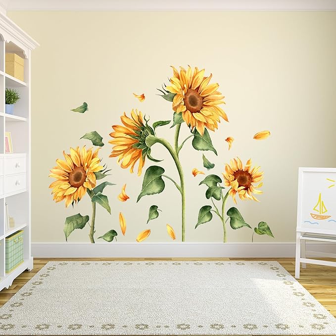 Vintage Sunflower Wall Decal Garden Floral Wall Sticker Yellow Flower with Green Leaves Wall Decals Peel and Stick Wall Stickers Aesthetics Decor for Living Room Bedroom