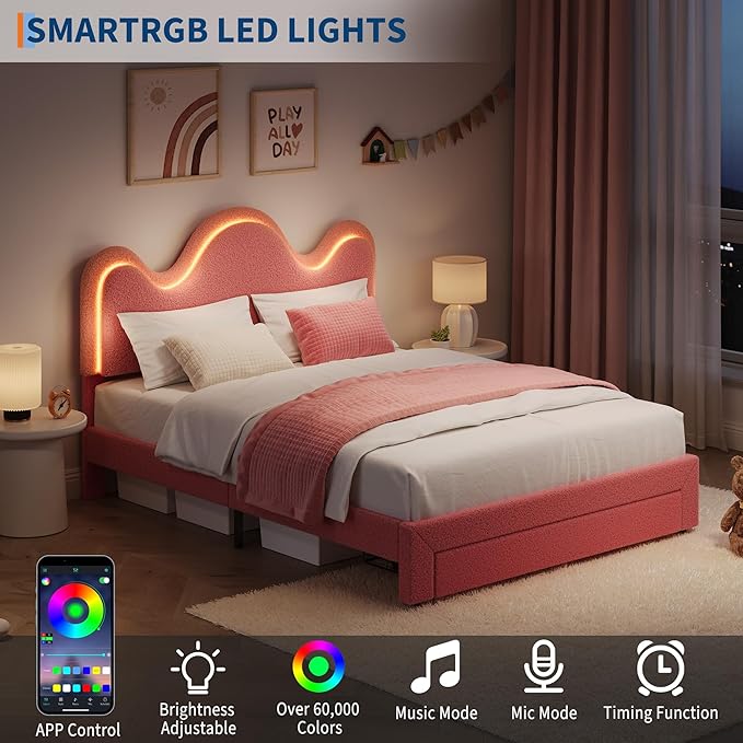 IDEALHOUSE Queen Bed Frame with LED Headboard and Under-Bed Drawer, Metal Upholstered Platform Bed with LED Light for Kids, Girls, Lamb Fleece Fabric, Wooden Slats Support, No Box Spring Needed, Pink