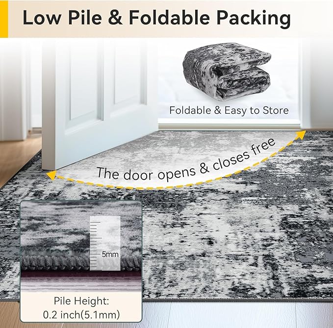 Washable Area Rugs 6'x8' Non-Slip Modern Abstract Soft for Living Room Entryway Bedroom Nursery, Print Pattern, Black Gray