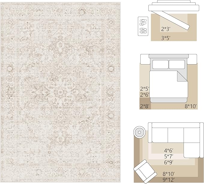 Fmfunctex 2x6 Hallway Runner Rug Beige Vintage Neutral Washable Distressed Non Slip Low Pile Traditional Indoor Carpet Soft Retro Entryway Rug for Kitchen Living Room Bedroom Bathroom Laundry Entrance