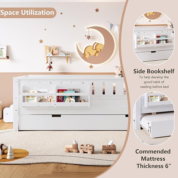 Bellemave Twin Bed with Trundle Twin and Stairs, Twin Size Platform Bed Frame with Fence and Bookshelf, Easy Assemble Beds for Kids, Girls, Boys, White