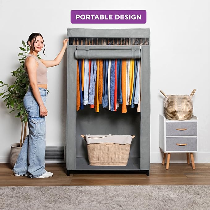 HOLDN’ STORAGE Portable Wardrobe Closet - 50 lb Capacity, Internal Heavy Duty Metal Rod, Zipper & Clear Window, Durable Clothes Organizer, Tool-Free Easy Assembly, Dark Gray Canvas Cover