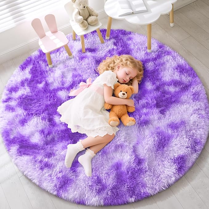EVOIONOS Tie-Dyed Purple Round Rug for Bedroom, 4x4 Ft Fluffy Soft Circle Area Rugs for Living Room, Plush Shaggy Circular Carpet for Indoor Floor Bedside Kids Nursery, Home Decor Aesthetic