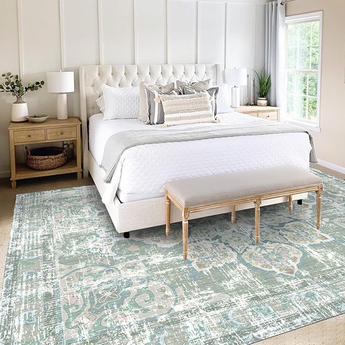 Vhong Washable Area Rugs Boho Vintage Neutral Modern Pale Green 6x9 Non Slip Small Carpet for Living Room Dining Room Bedroom Farmhouse