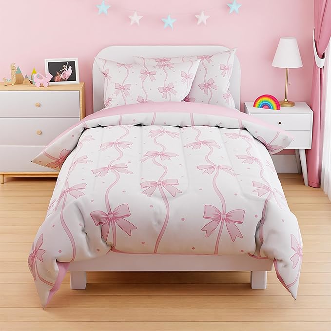 SANDJEST Bow Duvet Cover Sets Twin Size for Kids Girls, Include 1 Polyester Comforter Cover 68x86 Inches and 1 Pillowcase 20x26 Inches, Comforter Not Included, Gift for Christmas Birthday