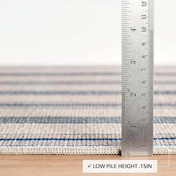Dash and Albert Nimes Ticking Machine Washable Area Rug - 5' x 8' Neutral Stripe Washable Accent Rug - Durable, High Traffic Areas Kitchen, Mudroom, Hallways
