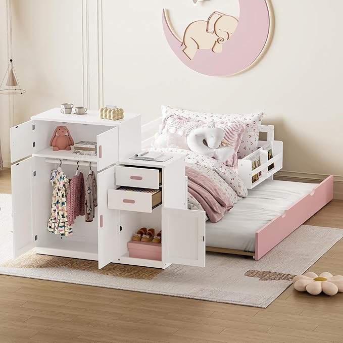 Merax Twin Size Corner Bed with Trundle and Drawers, Wooden Daybed Frame with Movable Wardrobe, Two Bookshelves, and Safety Guardrail, Twin Bed Frame for Kids, Boys Girls, Easy Assembly,Pink