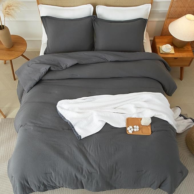Muslin Comforter Set King Size, Cotton Cover & Polyester Filling, Breathable & Linen Like & Suitable for All-Season Use,3 Pieces(1 Comforter 104"x90", 2 Pillow Shams 20"x36"), Rock Grey