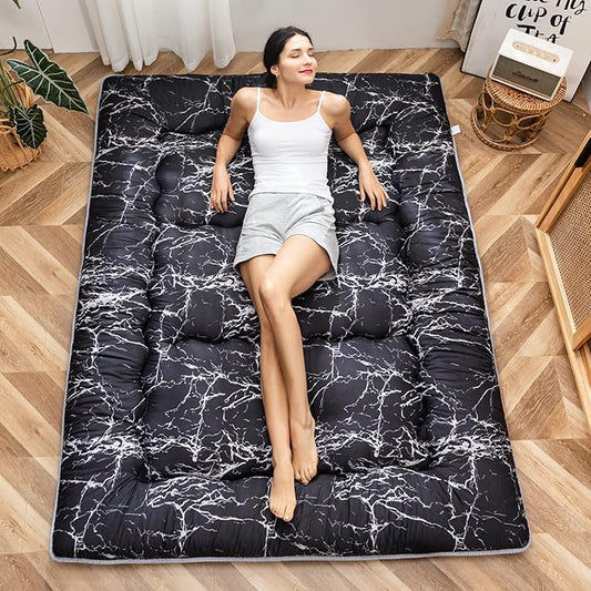 MAXYOYO Black Marble Printed Japanese Futon Floor Mattress, Thicken Sleeping Pad Floor Bed Roll Up Camping Mattress Folding Couch Bed Mattress Topper Guest Floor Mattress King