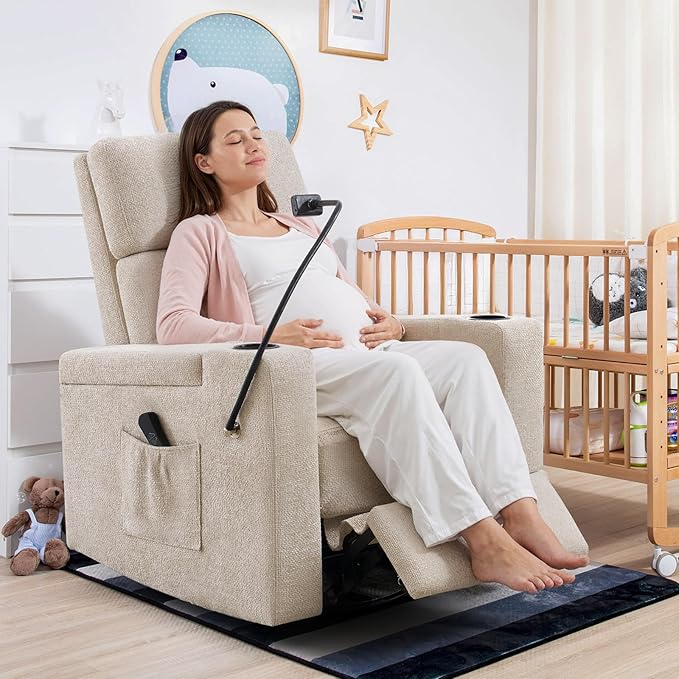 Power Swivel Glider Rocking Chair Nursery, Skin-Friendly Premium Chenille Electric Glider Rocker Recliner Chair with Armrest Storage, USB A&C Ports, Cup Holder, Phone Holder, Chenille Beige