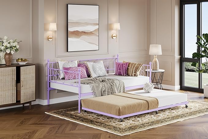 Daybed with Trundle, Trundle Bed Twin with Heart-shaped Headboard for Kids, Sturdy Metal Day Bed with Steel Slat Support, Twin Daybed for Living Room, Bedroom and Guest Room, Easy Assembly, Purple
