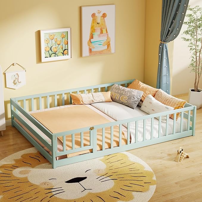 KOMFOTT Full Size Wood Floor Bed with Door & Fence, Montessori Bed Frame with Full Length Safety Guardrails, Door & Latch, Wooden Montessori Floor Bed for Kids, Girls, Boys (Full,Light Green)