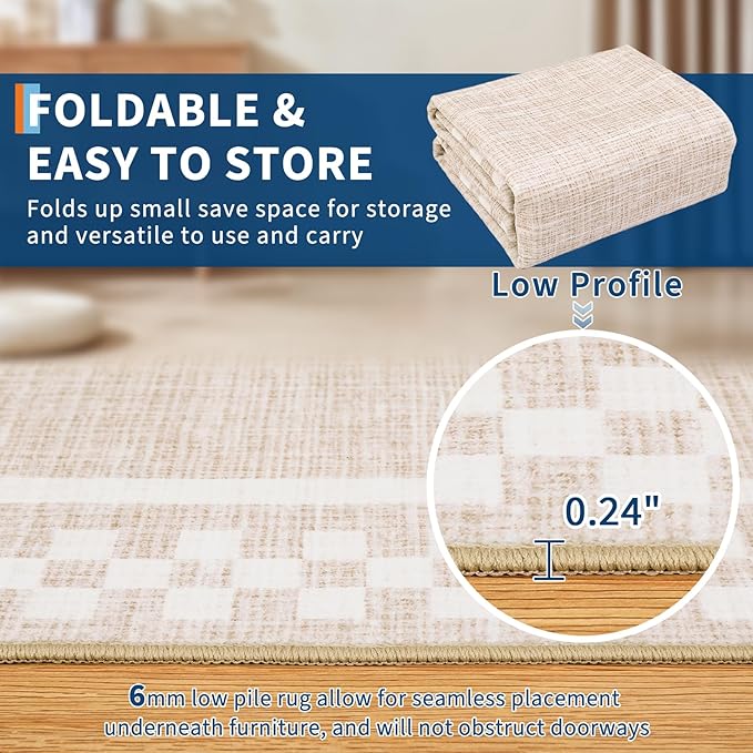 GarveeHome Washable Area Rugs 10x13 Non Slip Soft Large Living Room Rug Modern Checkered Bedroom Rug Soft Geometric Bordered Throw Carpet for Dining Room Home Decor Office Nursery, Beige