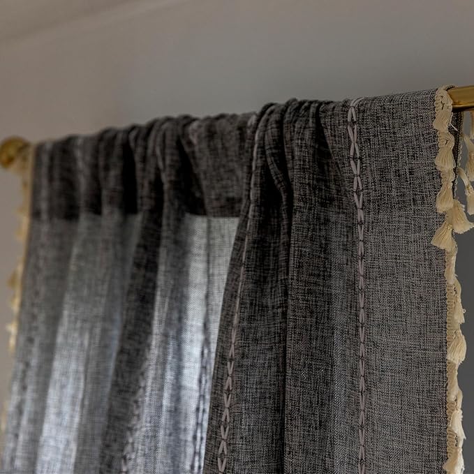Deeprove Sheer Boho Curtains 63 inches Length for Cafe Closet Kitchen, Vintage Bohemian Embroidery Farmhouse Light Filter Privacy Country Tassel Window Treatments, W52 x L63,Dark Coal Grey 1 Panel