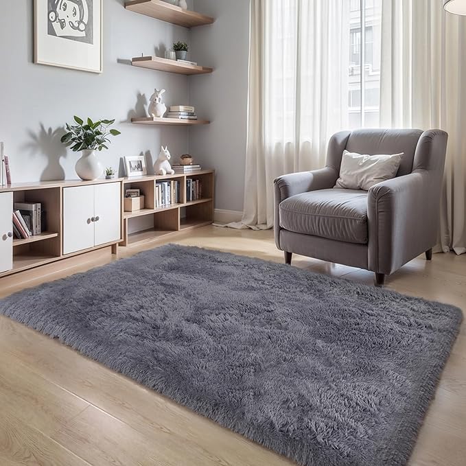 Thick Area Rug Grey 6x9 Fluffy Shag for Bedroom Living Room, Ultra Soft Plush Fuzzy Washable Thickened Non Slip Floor Large Carpet, Modern Furry Shaggy Rug for Kids Baby Nursery Dorm Room