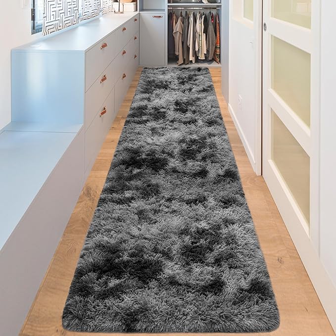 2x8 ft Plush High Pile Black Tie-Dyed Rug Fluffy Soft Runner Bedside Rug for Bedroom Living Room Hallway Nursery Kids Home Decor Shag Carpet