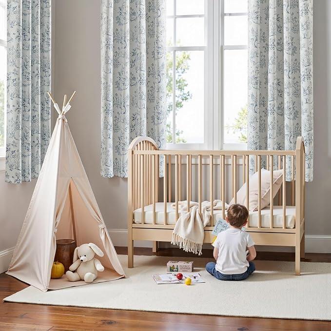 jinchan Blackout Nursery Curtains 63 Inches Long, Bunny Woodland Toile Curtains Blue on Beige Animal Printed Drapes for Bedroom Thermal Insulated Farmhouse Rod Pocket Window Treatment 2 Panels