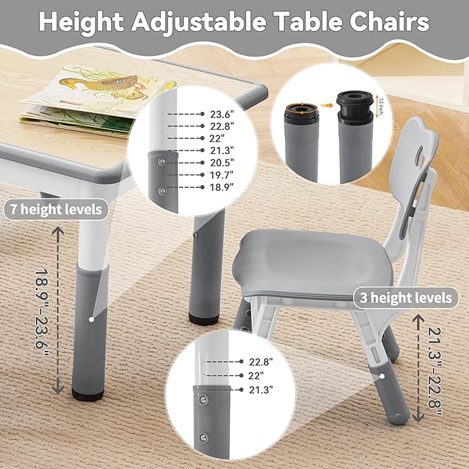 Kids Study Table and Chairs Set, Height Adjustable Toddler Table and Chair Set for Kids Ages 3-8, 31.5" L x 23.6" W Graffiti Desktop Plastic Children Art Table with 2 Seats, Grey
