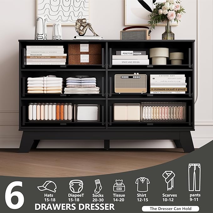 6 Drawer Dresser for Bedroom, Black Fluted Dressers Chest of Drawers with Gold Handle, Wood Mid Century Modern Dressers for Closet, Bedroom Dresser Storage Organizer for Living Room, Hallway