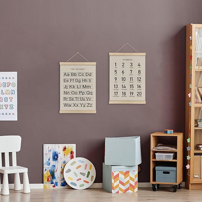 HRQKO Alphabet Numbers Poster Hanger Frame Set of 2, Nursery Wall Decor, Black ABC Poster Wall Art with Wooden Frames, Alphabet Banner Wall Hanging Decor for Boy Toddler Room Playroom, 12x16 Inch