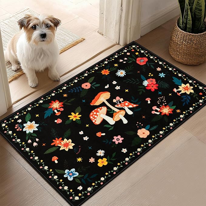 2x3 Machine Washable Area Rug, Non-Slip Small Vintage Floral Entryway Rug for Front Door, Low Pile Indoor Door Mat for Entryway, Bedroom, Dining Room & Kitchen(2x3 Black Mushroom)