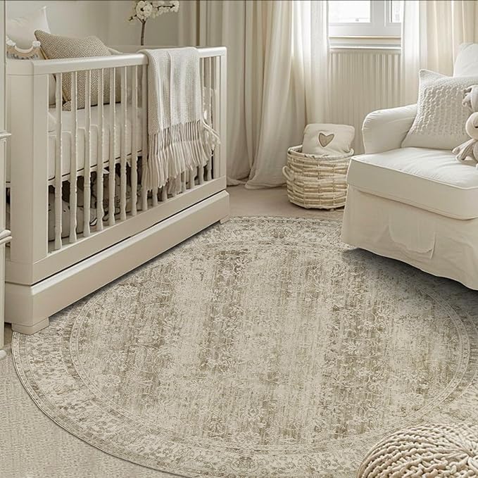 Vintage Rug Indoor Floor Cover Floral Print Cream&Light Tan Circle Rug 5' Round Kitchen Living Room Bedroom Dining Room
