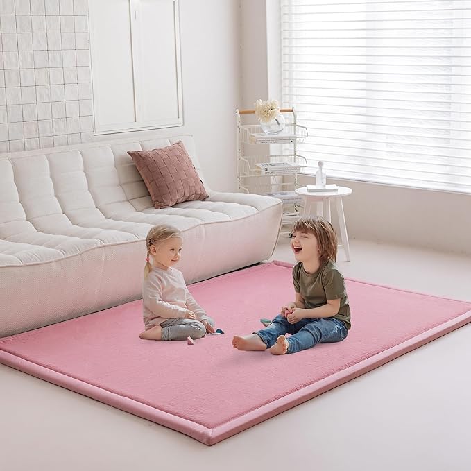 Loartee Faux Rabbit Fur Rug - 1.18" Thick Soft Fluffy Area Rug, Non-Slip Memory Foam Crawling Mat, Light Pink, 78"x118"