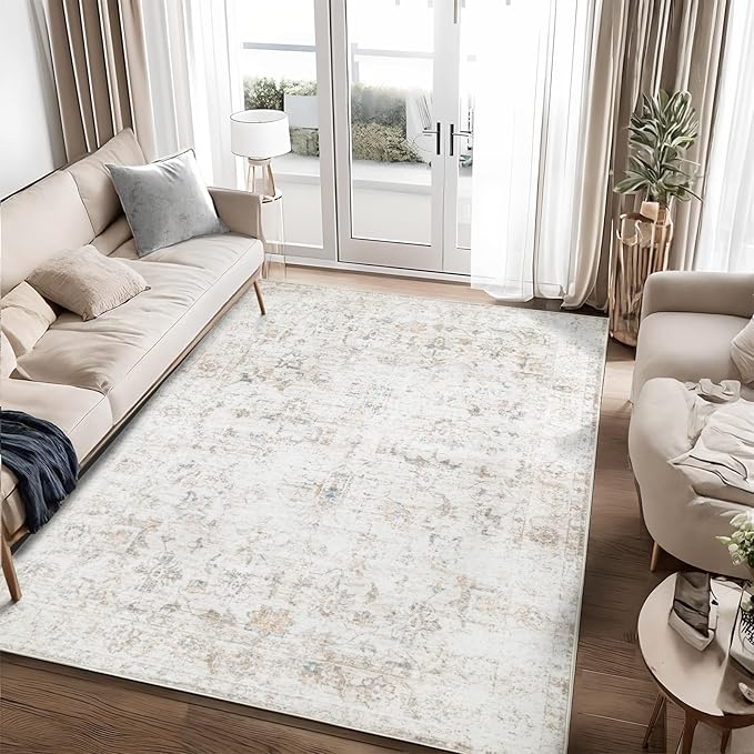 Washable 3×5 Area Rug for Living Room, Vintage Floral Rug Soft Non Slip Stain Resistant Boho Carpet for Bedroom Dinning Room Home Office Beige