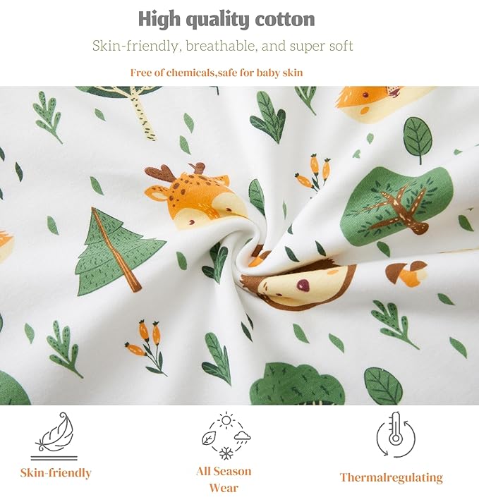 Baby Sleep Sack 1.0 Tog, 100% Cotton 2 Pack Wearable Blanket Sleeping Bag for Babies and Newborn, M(6-12M), Forest Animals+Green