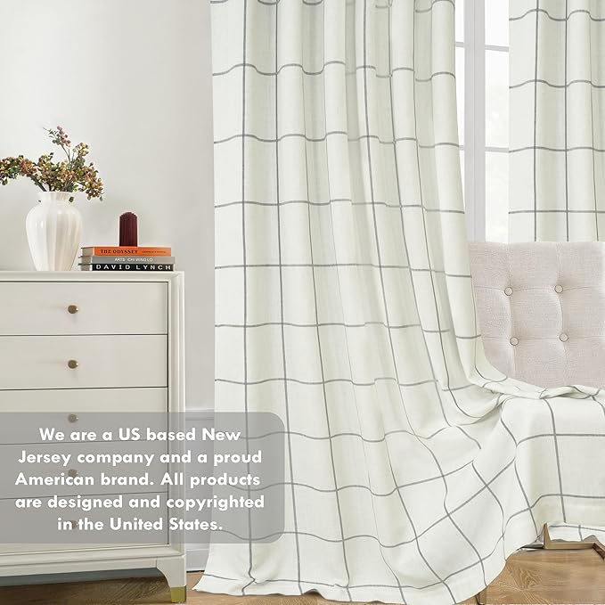 DriftAway 2 Panels 100% Blackout Windowpane Plaid Linen Curtains Double Layer Drapes for Bedroom 96 Inches Long Farmhouse Thermal Insulated 3.25 Inch Rod Pocket Back Tab for Living Room Gray
