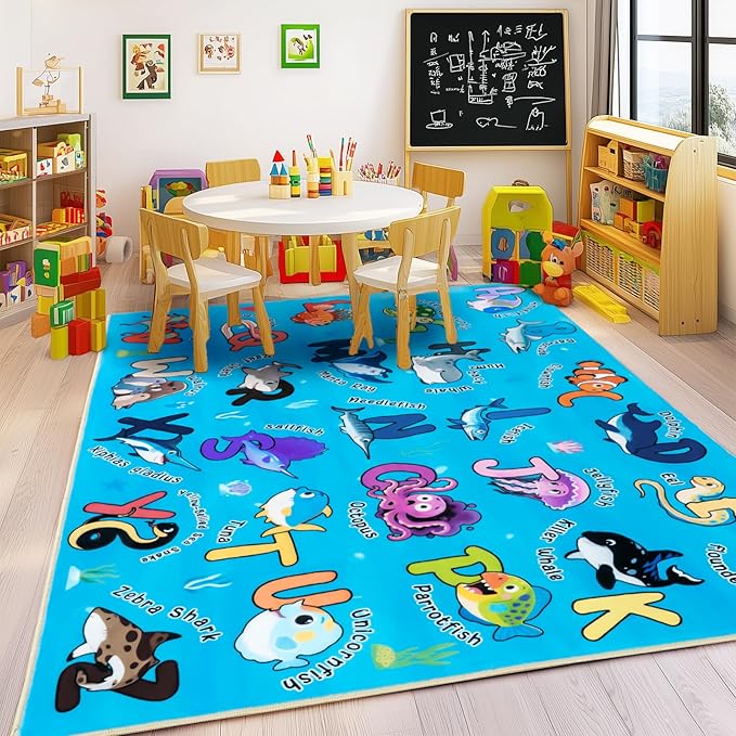Kids Rugs for Playroom, 4x5 Ft Ocean Rug Baby Play Mat ABC Alphabet Rug Soft Machine Washable Non-Slip Educational Carpet for Classroom Toddler Nursery Kids Room Decor, Blue