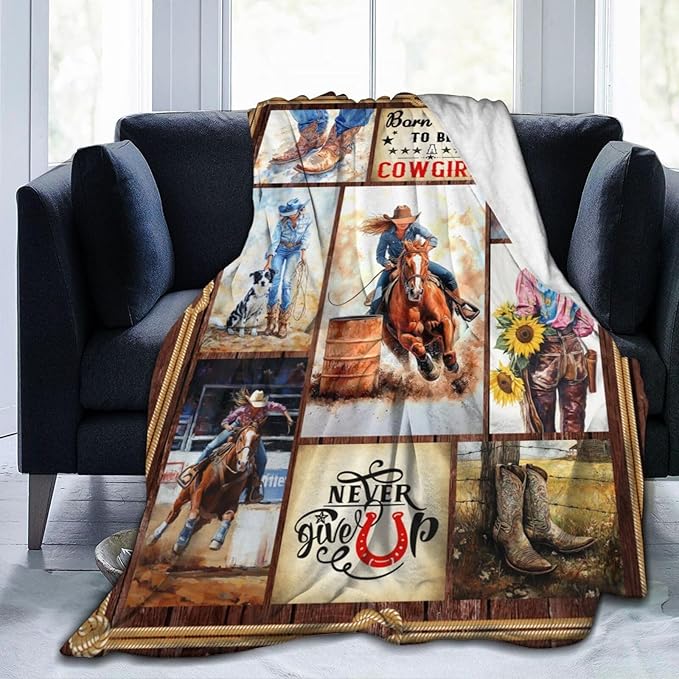 Cowgirl Racing Blanket Western Cowboy Throw Blanket Super Soft Flannel Lightweight Fluffy Plush Fuzzy Fleece Horse Blanket Gifts for Girls Woman Kids Prayer for Bed Sofa Bedding 60"X80"