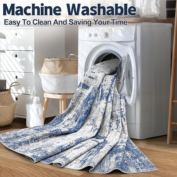 Area Rug 2x3 Washable Rug: Soft Small Entryway Rug with Anti-Slip Backing Non-Shedding Stain-Resistant Abstarct Modern Carpet for Kitchen Bedroom Indoor Front Entrance-Gray/Blue
