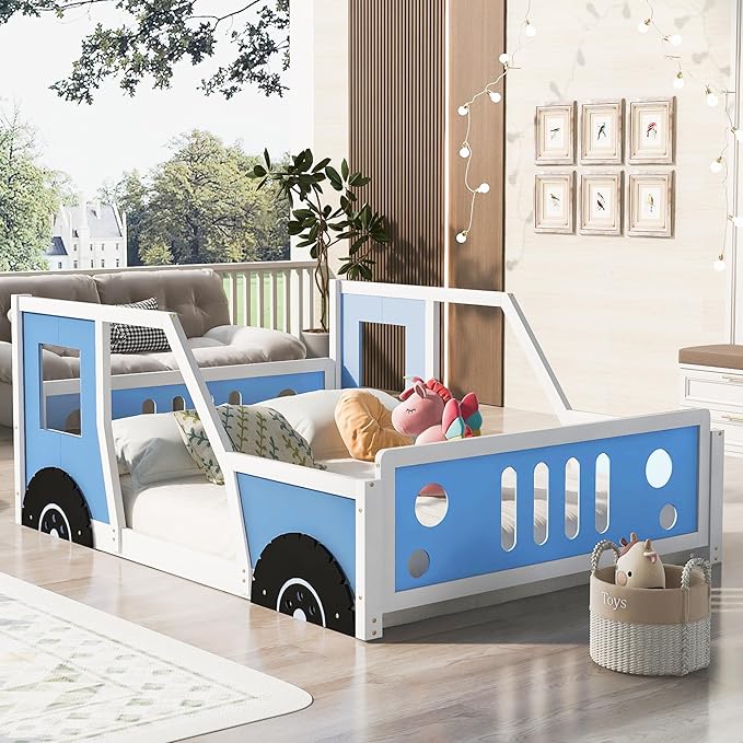Full Size Classic Car-Shaped Platform Bed Frame for Boys Girls Kids Toddler with Wheels,Blue