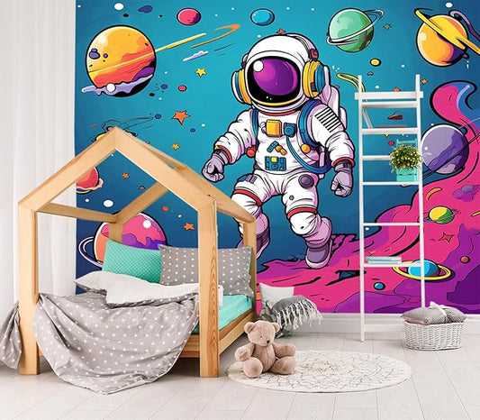 XMPMBM-3d Cartoon Astronauts Starship Nursery Room Fabric Wallpaper Hand-Painted Graffiti Planet Kids Gaming Room Wall Mural-W 132" X H 92"（93 Square Foot）
