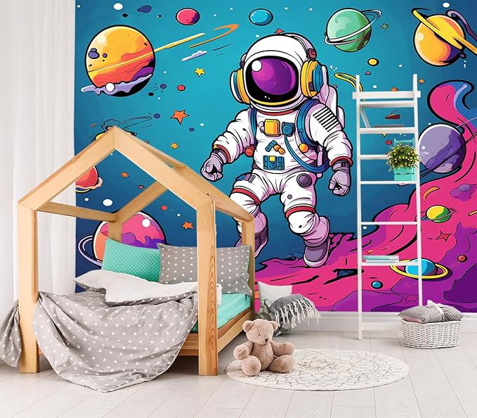 XMPMBM-3d Cartoon Astronauts Starship Nursery Room Fabric Wallpaper Hand-Painted Graffiti Planet Kids Gaming Room Wall Mural-W 154" X H 105"（112 Square Foot）
