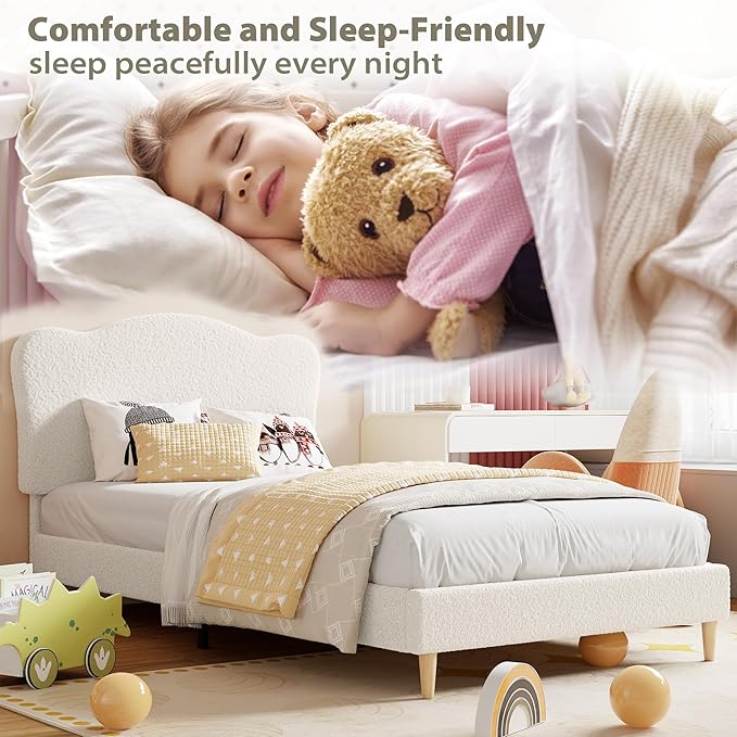 GarveeHome Upholstered Twin XL Size Bed Frame for Kids with Scallop Headboard, Cute Velvet Twin XL Bed for Girls, Boys, Sturdy Platform Bed, No Box Spring Needed, Wooden Slats, Noise Free, White