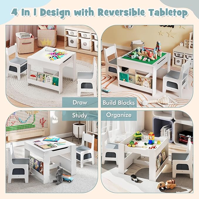 Costzon 4 in 1 Kids Table and Chairs, Wooden Toddler Activity Desk Set w/Reversible Graffiti & Building Blocks Tabletop, Storage Drawers and Bookshelves for Drawing, Reading, Crafts (Gray)
