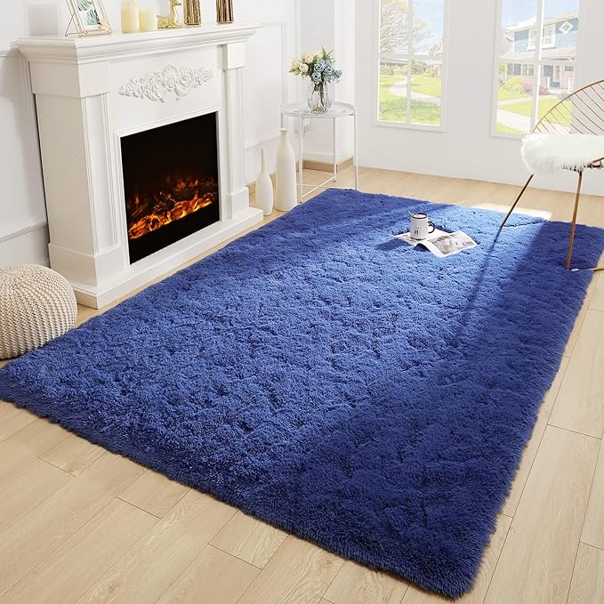 Merelax Soft Modern Indoor Large Shaggy Rug for Livingroom Bedroom Dorm Kids Room Home Decorative, Non-Slip Plush Fluffy Furry Fur Area Rugs Comfy Nursery Accent Floor Carpet 6x9 Feet, Light Navy
