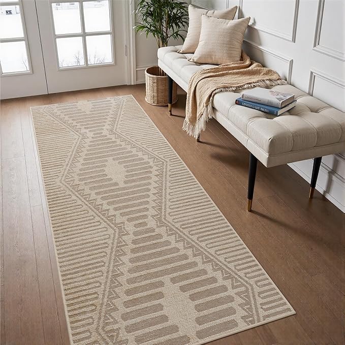 Boho Beige 2x6 ft Runner Textured Tufted Rugs for Hallway Kitchen Bedroom Entryway Long Non Slip-Carpet Washable Cream Neutral Modern Geometric Moroccan Aztec Rug