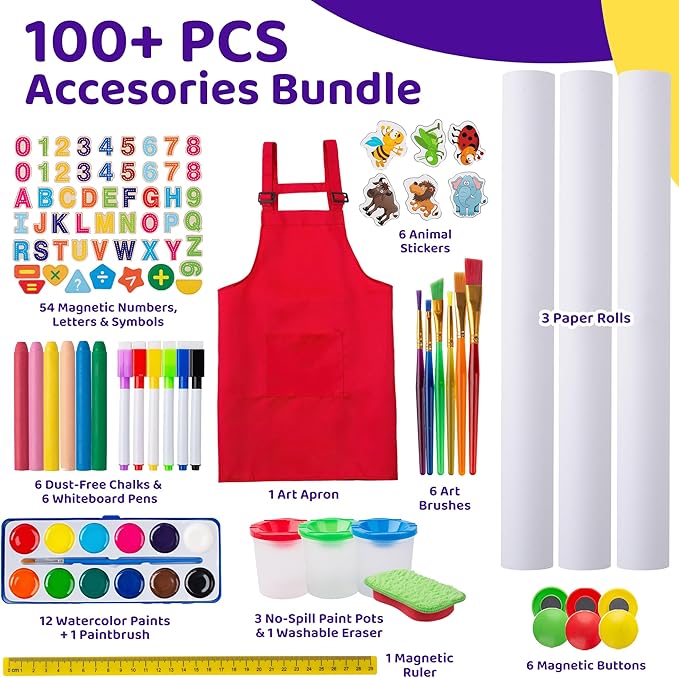 Blue Squid Art Easel for Kids with Paper Roll x 3, Includes 100+ Accessories, Double Sided Adjustable Wooden Painting Easel with Magnetic Chalk Board, White Board for Toddlers Ages 3,4,5,6,7,8,9,10,12