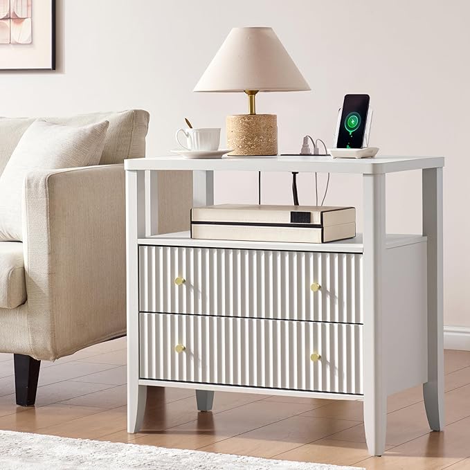 Fluted Nightstand with Charging Station, 27.3" Wide Modern Bedside Table with 2 Drawers & Open Shelf, Large Wood End Table with Storage & Metal Handle for Bedroom, Cream White