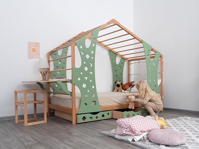 BUSY WOOD Monkey Bed – Twin Frame with Storage & Foldable Table – Montessori Indoor Playground – Jungle Gym Furniture for Kids – Toddler Sleeping Frame with 3 Drawers