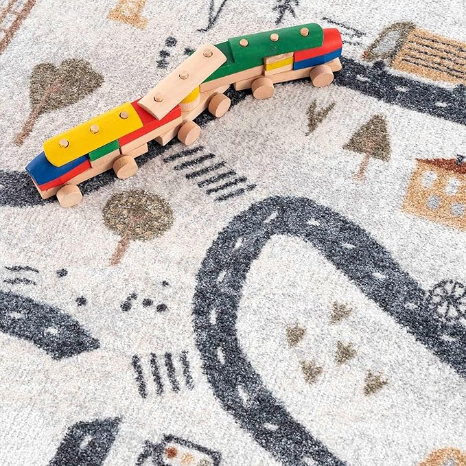 Hauteloom Mave Road Rug for Kids, Toddler Room, Nursery, Playroom, Classroom- Machine Washable - Cream, Red, Blue, Gray - 9'2" x 12'
